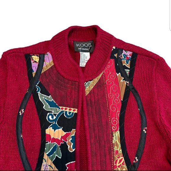 Koos of Course! Red Wool Silk Blend Open-Front Sweater Applique Sz Medium Women - Picture 3 of 10